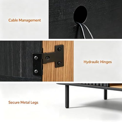 WAMPAT 64.4" Fluted TV Stand, Wood Entertainment Center for TVs Up to 70 inches, Curved Edge Media Console Table with Doors and Shelves for Living Room, Bedroom, Black - color: Black