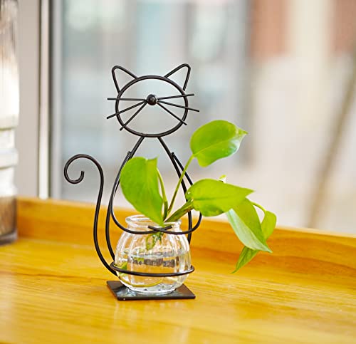 Desktop Glass Planter Vase Holder, Metal Cat Plant Terrarium Stand for Plants Creative Decorations for Home Patio Lawn Garden - color: Cat