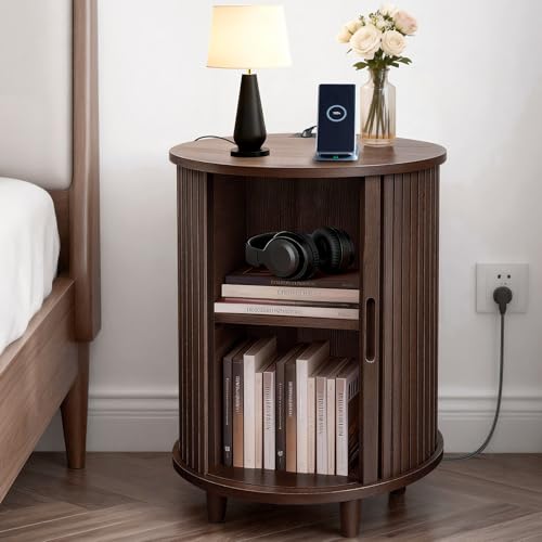 DHH Round End Table with Storage & Charging Station, Fluted Accent Side Table with Sliding Door & Adjustable Shelf, Mid-Century Nightstand for Small Spaces, Living Room, Bedroom (1,Dark Walnut) - color: Dark Walnut