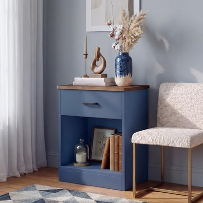 Keyluv Nightstand with Drawer and Open Shelf, Bedside Table for Bedroom, Modern Style Sofa Side Table with Storage, End Table for Home Office, Hallway, Small Spaces, Blue