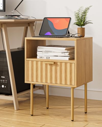 Night Stand,Modern Bedside Table with Drawer and Shelf,Light Oak Night Stand with Gold Frame,Small Side Table for Bedroom,Living Room - color: Oak Brown