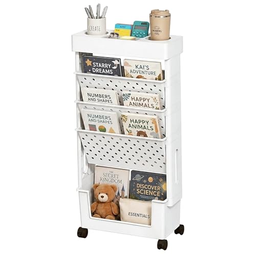 5-Tier Rolling Book Cart, White, for Study Room & Office | PP Plastic Material, Mobile Bookshelf, File, Magazine Storage, Lockable Wheels, for Classroom, Easy Assembly - color: White, size: 5-Tier