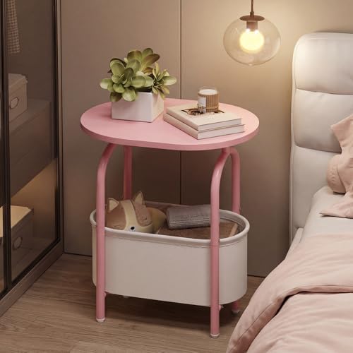 RALGEND Small Round Side Table with Fabric Basket Storage, Oval End Table for Small Spaces, Modern Coffee Bedside Table, Couch Side Table for Living Room, 15.7" X 11.8" X 24", Pink and White 8601BZPK - color: Pink