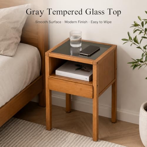Bamboo Nightstand Small Bedside Tables with Drawer,Gray | Tempered Glass Top, Open Shelf, Mid Century Modern Night Stand for Bedroom, Living Room, Apartment, Small Space - color: Gray Glass