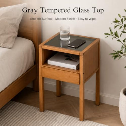 Bamboo Nightstand Small Bedside Tables with Drawer,Gray | Tempered Glass Top, Open Shelf, Mid Century Modern Night Stand for Bedroom, Living Room, Apartment, Small Space - color: Gray Glass