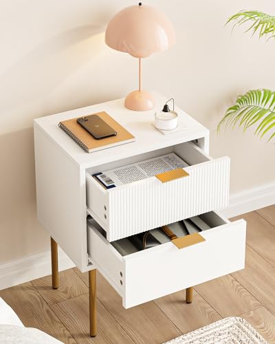 Nightstand,Small Bedside Table with Gold Frame,White Night Stand,Bedside Furniture,Side Table with 2Drawers for Bedroom,Living Room (2Drawers, White) - color: White, style: 2Drawers