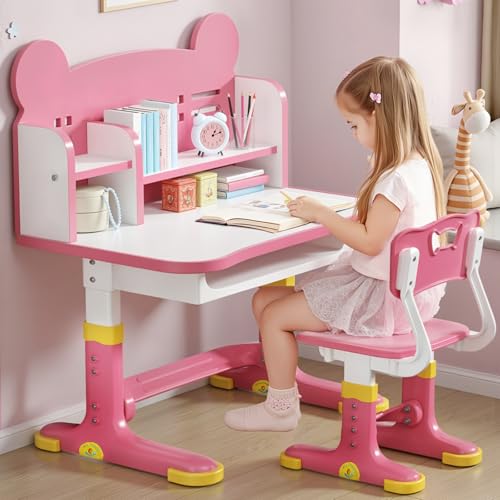 Kids Desk and Chair Set, Height Adjustable Child's School Study Writing Tables, Kids Desk with Bookstand and Storage Drawer, Widened Desktop with Desktop for Boys and Girls (Pink-F) - color: Pink-f