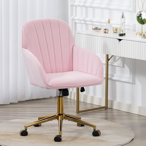 Velvet Make Up Vanity Chair with Wheels and Gold Base 330 Lbs - Pink | Home office Chair, Study Chair, Teacher Chair, Cute Chair, Height Adjustable Swivel Desk Chair, for Living Room Study Room - color: Pink