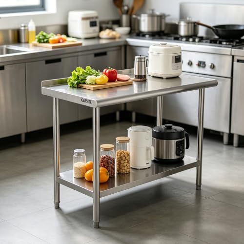 Garvee Stainless Steel Curved Edge Work Table 48 inch Double Layer with Backsplash, Heavy Duty Commercial Prep Table with Hook, 0.7mm Thick - size: 48*24*35 inch - with rear backboard