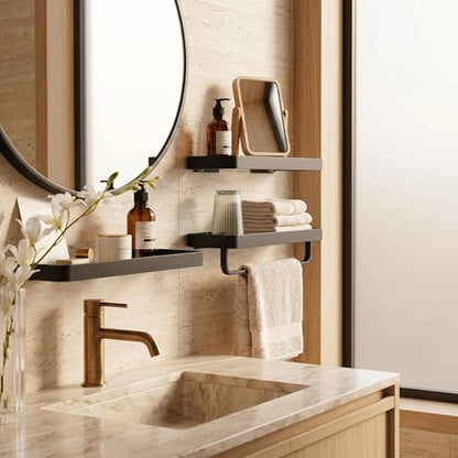 VOLPONE Bathroom Wall Shelf Black Glass Shelves 15.7in Bathroom Shelves with Towel bar Towel Shelf Wall Mounted 2 Tier - style: 2 tier with towel bar-black