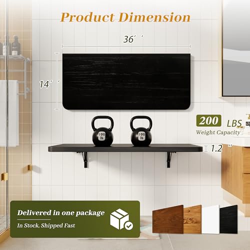 Dogsky 36" x 14" Floating Wall Desk, Fold Down Wall Table - 200 lbs Heavy Duty Solid Pine Wall Mount Folding Desk for Home Office, Laundry Room, Kitchen & Small Apartment, Black - color: Black, size: 36'' x 13.7'' x 6.3''