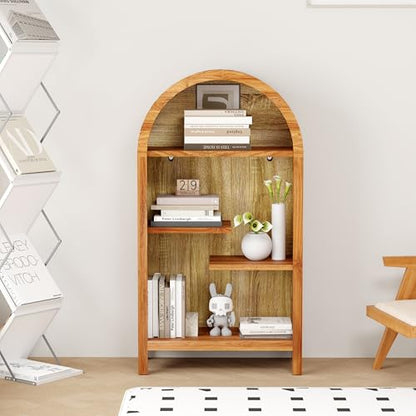 43.3" Tall Freestanding Arched Wooden Bookshelf with 4-Tier Shelf, Modern Asymmetrical Open Shelf Display Curved Book Case, Entryway Accent Short Arched Bookcase for Office, Kitchen, Living Room - color: Asymmetrical Walnut 43.3"