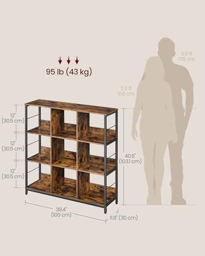 VASAGLE Bookshelf, Bookcase, 9 Cubes Storage Organizer, Industrial Open Display Shelf, for Bedroom, Office, Living Room, Metal Frame, Rustic Brown and Black ULLS112B01 - size: 11.8"D x 39.4"W x 40.6"H