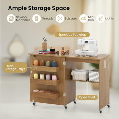 Giantex Folding Sewing Table with Charging Station, Storage Trays & Shelf | Rolling Craft Table with Lockable Wheels, Foldable Sewing Machine Cabinet Desk for Small Spaces, Dorms, Natural - color: Natural