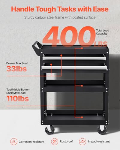 VEVOR 5-Tier Tool Cart with Wheels, 400 lbs Load Capacity, Rolling Work Cart with 2 Drawers & Pegboard, Mechanic Tool Storage Organizer with Locking System for Garage, Warehouse and Repair Shop, Black - style: 5-Tier-400 lbs with 2 Drawers