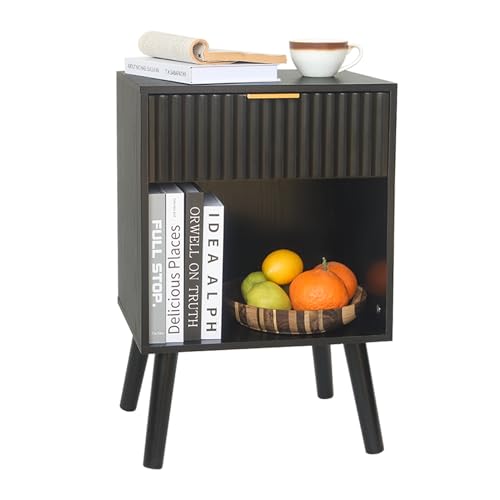 Fultyle Black Fluted Nightstand, Modern Bedside Table with Drawer and Open Storage, End Side Table Living Room with Solid Wood Legs for Bedroom (Black) - color: Black