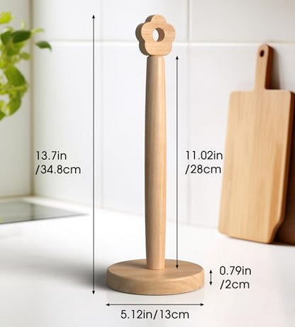 KitchLife Cute Wooden Paper Towel Holder for Countertop with Weighted Base – Solid Freestanding Paper Towel Stand Dispenser with Anti-Slip Base, Flower Top - style: Flower