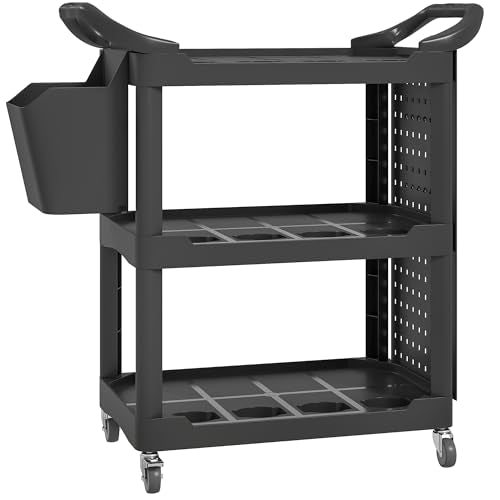 HOMCOM 3 Tier Utility Cart on Wheels, Rolling Tool Storage with Pegboards and Bucket, 200 LBS Load Capacity Plastic Service Cart for Garage, Warehouse, Workshop, Black - color: Black, size: 39" W x 16.9" D x 38.2" H
