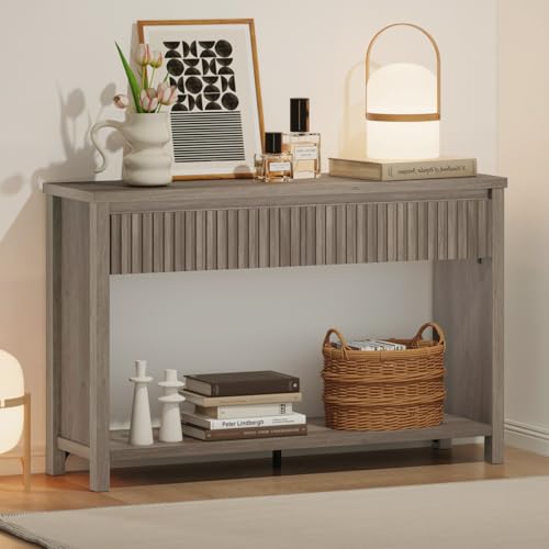 BON AUGURE Console Table with Storage, 47In Entryway Table with Drawers, Grey Couch Tables Behind Sofa, Narrow Sofa Tables with 2-Tier Shelf for Living Room, Hallway, Front Door, Greige Oak - color: Greige Oak