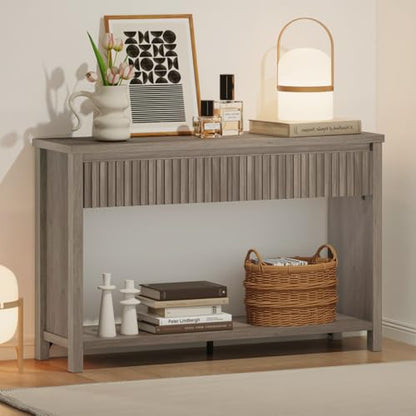 BON AUGURE Console Table with Storage, 47In Entryway Table with Drawers, Grey Couch Tables Behind Sofa, Narrow Sofa Tables with 2-Tier Shelf for Living Room, Hallway, Front Door, Greige Oak - color: Greige Oak