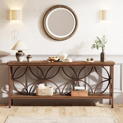 Tribesigns 70.9-Inch Narrow Sofa Table, Industrial Long Sofa Table Behind Couch, Entry Console Table with Storage for Entryway, Living Room, Foyer, Unique Design, Brown Glossy - color: Brown Glossy
