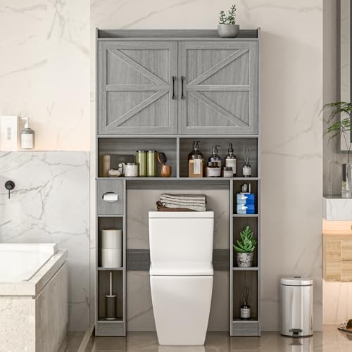 Vabches Over The Toilet Storage Cabinet with Barn Doors, Wash Grey | Toilet Cabinet Rack, Space Saving Bathroom Organizer with Shelves, Toilet Paper Holder and Towel Rack for Bathroom,Laundry. - color: Wash Grey