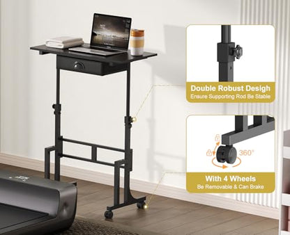 Adjustable Height Standing Desk With Drawer, Rolling Sit Stand Up Desk With Wheels, Small Sit To Stand Computer Desk, Adjustable Desktop Height, On Wheels, Black, For Walking Pad Laptop Treadmill - color: Black, size: With Drawer