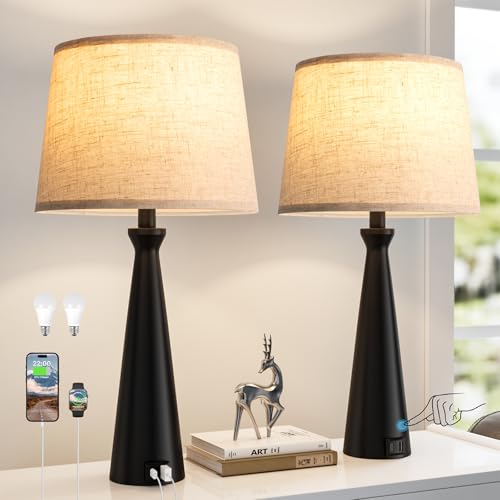 Seealle Modern Table Lamps Set of 2 - Touch Bedside Lamp for Nightstand with Dual USB C+A,3-Way Dimmable Nightstand Lamps for Living Room Bedroom End Table with Beige Shade(Bulb Included) - color: E. Black-Beige