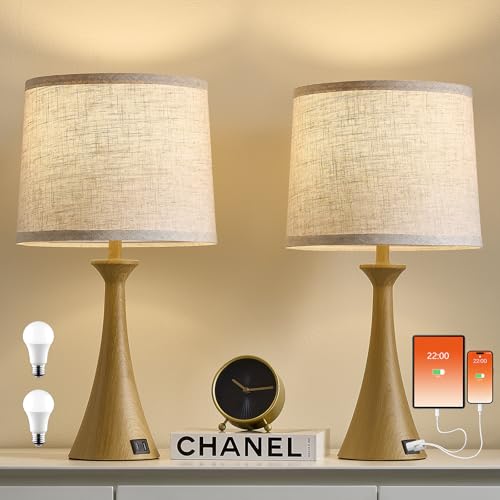 Touch Lamp for Living Room Bedroom, 21" Table Lamps Set of 2 with USB C+A Ports and Oatmeal Lamp Shades, Touch Bedside Lamps for Nightstand with 3 Way Dimmable, 2 LED Bulbs Included, Wood Grain - color: Wood Grain