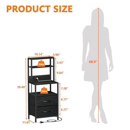 Furnulem Night Stand, Tall Nightstand with 4-Tier Shelves, 2 Fabric Drawers and Led Lights, Bed Side Tables with Charging Station, Bedside Table for Bedroom, Office, Black Oak | 4-Tier Shelves - color: Black Oak, size: 2 Drawer