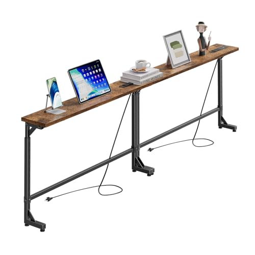 Simple Trending 78.75 Inch Narrow Console Table with 2 Charging Station, Behind Couch Table Set of 2, Sofa Table Adjustable Height, Long Entryway Tables for Living Room, Rustic Brown