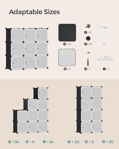 SONGMICS Cube Storage Organizer, Set of 9 Plastic Cubes, Closet Storage Shelves, DIY Plastic Closet Cabinet, Modular Bookcase, Shelving with Doors for Bedroom, Living Room, Black and White ULPC116HS