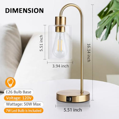 Gold Table Lamp with USB Port, 3 Way Dimmable Touch Control Bedside Lamp, Modern Nightstand Lamp with Glass Shade, Industrial Table Lamp for Bedroom Office, USB A & C, LED Bulb Included - size: 1 Pack
