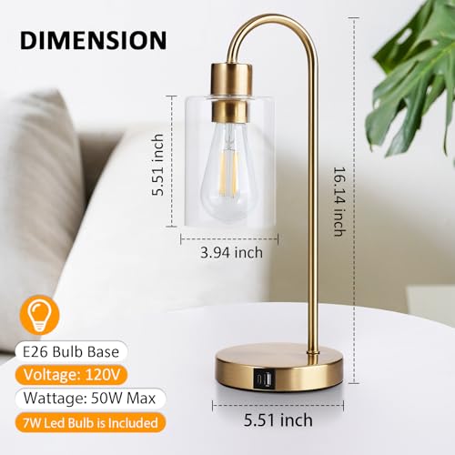 Bedside Lamps Set of 2, Gold Touch Table Lamp with USB C+A Ports, 3 Way Dimmable Bedroom Lamps with Glass Shade, Brass Nightstand Lamp for Bedroom Living Room, 2 LED Bulbs Included - size: 2 Pack
