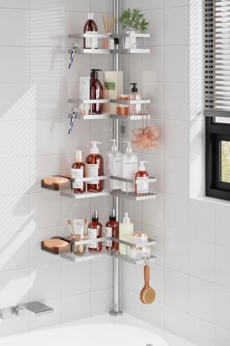YASONIC Corner Shower Caddy Tension Pole, 25.7-109.1in Adjustable Shower Shelves, Rust-Resistant Shower Organizer, No-Drill 3-Step Installation, Bathroom Shelves for Renters & Family, Silver - color: Silver