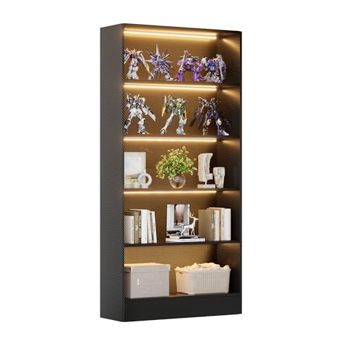 CODACE Tall Wooden 5-Tier Black Bookshelf - Display Cabinet with LED Lights | Lighted Book Shelves, Display Case for Collectibles, Manga ,Figures, Modern Bookcase for Bedroom, Living Room, Gaming room - size: 5 Tiers - 10.2"D x 27.5"W x 65"H