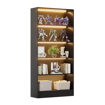 CODACE Tall Wooden 5-Tier Black Bookshelf - Display Cabinet with LED Lights | Lighted Book Shelves, Display Case for Collectibles, Manga ,Figures, Modern Bookcase for Bedroom, Living Room, Gaming room - size: 5 Tiers - 10.2"D x 27.5"W x 65"H