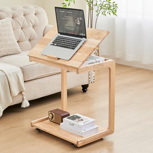 Uniclinens Couch Tables that Slide Under - Rolling Side Table C Shape, Wooden Slim Sofa Desk with Wheels, Small TV Tray for Laptop Multi-Purpose Living Room Bedroom, Natural - color: Natural, style: Style 3