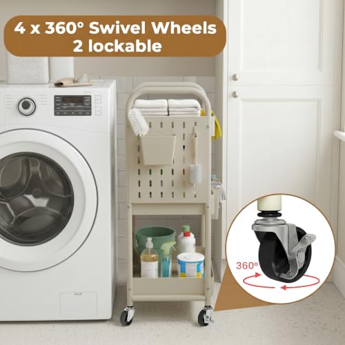danpinera 3 Tier Rolling Cart with Retractable Dividers, Multi-Functional White Rolling Utility Cart with Pegboards, Hooks & Hanging Cups for Nursery, Living Room, Studio - color: Beige