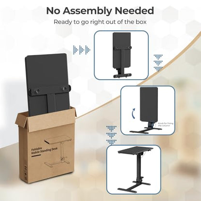 Foldable Mobile Standing Desk, 27 Inch Small Rolling Laptop Cart Height Adjustment, 90° Tiltable Sofaside Table, No Assembly Needed Portable Computer Workstation, Black - color: Black