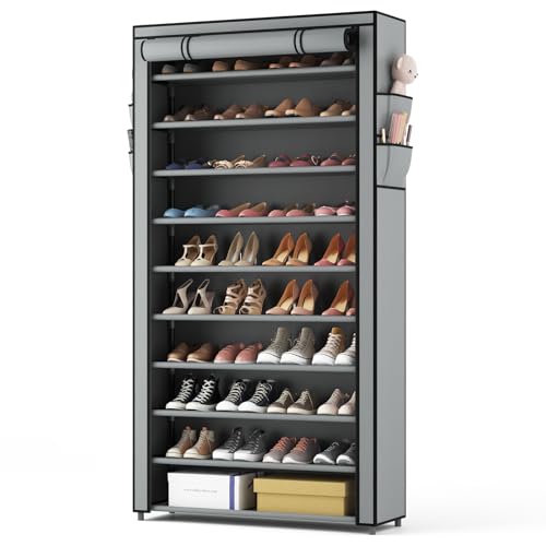 ROJASOP Shoe Rack with Covers, Stackable 10 Tier Tall Shoe Shelf Storage 50-55 Pairs Shoes and Boots Large Capacity Vertical Shoe Rack Organizer for Closet Entryway Garage Bedroom, Grey - color: Grey, size: 33.8"W - 10 Tier