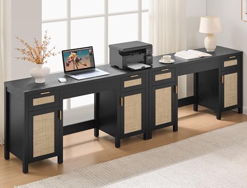 SICOTAS 52 Inch Vanity Table Rattan Vanity Home Office Desk with 3 Drawers | 2 Pieces Farmhouse Boho Makeup Vanity Dressing Table with Large Storage, Vanities Desk for Makeup Room, Bedroom, Office - size: 2 Pieces, style: Black Oak