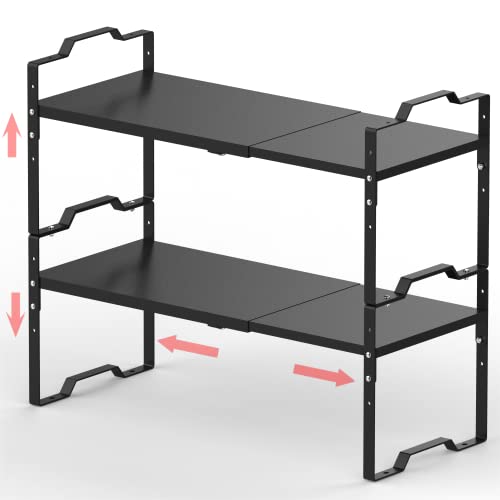 Jojocross Expandable Shelf for Cabinet Organizer Adjustable Stackable Spice Rack at Kitchen and Bathroom More, Counter Countertop Cupboard Organization Pantry Storage(LARGE/2PACKS/BLACK) - color: Black, size: LARGE/2PACKS/BLACK