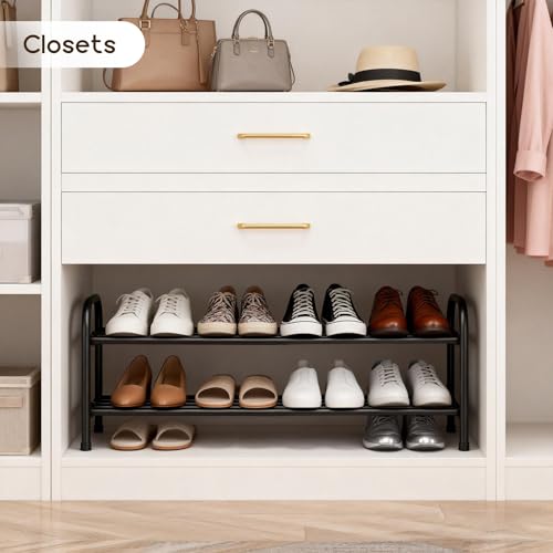 2-Tier Expandable Shoe Rack, Adjustable Shoe Shelf Storage Organizer Durable Metal Free Standing Shoe Rack for Entryway Closet Doorway (Black) - size: 2 Tier