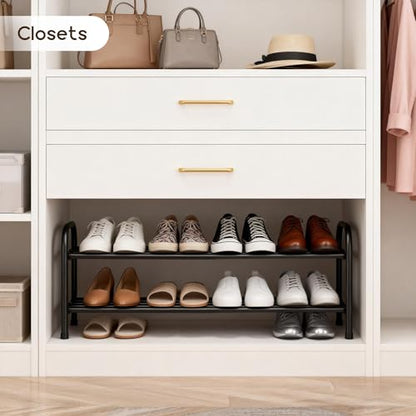 2-Tier Expandable Shoe Rack, Adjustable Shoe Shelf Storage Organizer Durable Metal Free Standing Shoe Rack for Entryway Closet Doorway (Black) - size: 2 Tier