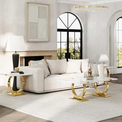 Asday Gold End Table, 23" Modern Sofa Side Table with Polished Metal U-Base, Square White and Gold End Table for Living Room, Sofa Couch, Bedroom, Office - color: White and Gold, size: Set of 1