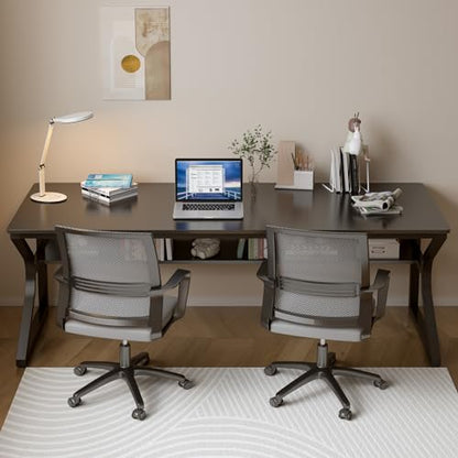 OSCHF Extra Long Desk with Bookshelf - 71" Double Long Writing Table for 2-Person Workstation, Modern Study Work Computer Desk for Home and Office, Black | Double Long Writing Table, Space-saving, 2-Person Workstation, Modern Study Work Computer Desk, Sui
