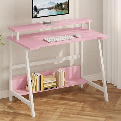 ALISENED 31.5 Inch Small Office Desk with Storage, Small Desk for Small Spaces, Compact Home Office Desk, Mini Study Desk for Bedroom, Pink - color: Pink