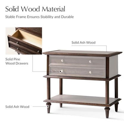 HULALA HOME Farmhouse Nightstand Set of 2 with Drawer & Open Shelf, Natural Wood End Table with Solid Wood Legs, 28.4'' Wide Sofa Side Table with Charging Station(Walnut) - color: Walnut-s2