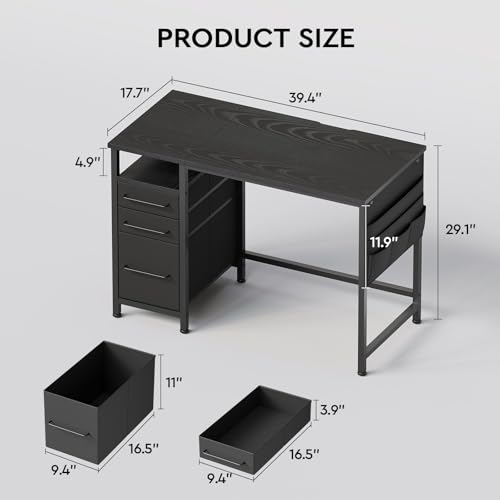 Ｍａｉｈａｉｌ Maihail Small Desk with Drawers, 40 inch Computer Desk with Shelves, Writing Desk with Storage, Small Office Desk with Metal Frame, Black - color: Black, size: 40 inch
